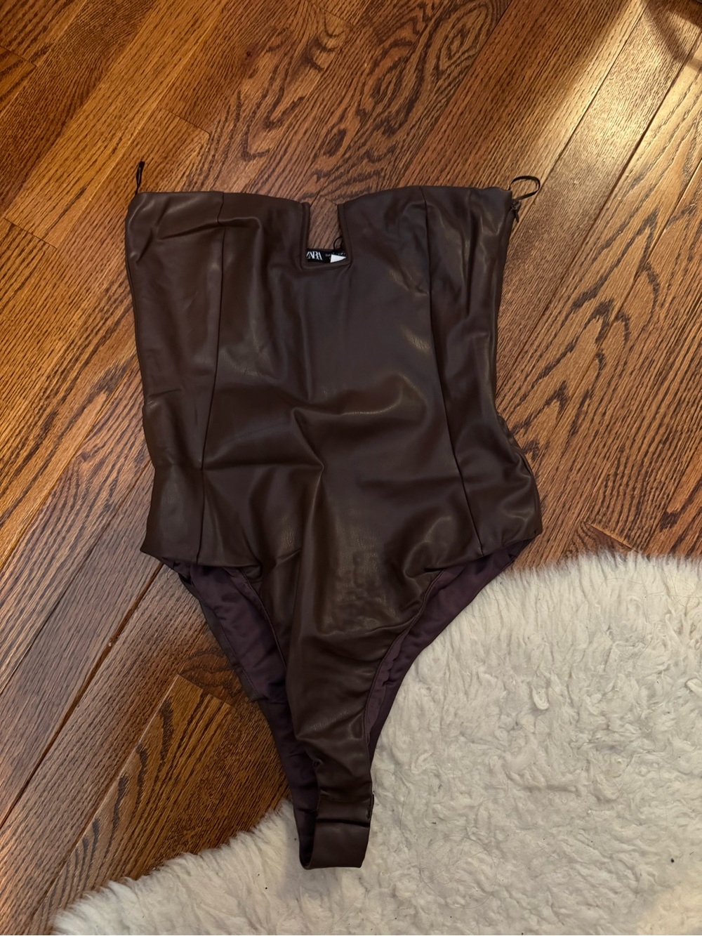 Brown Faux Leather Strapless Bodysuit